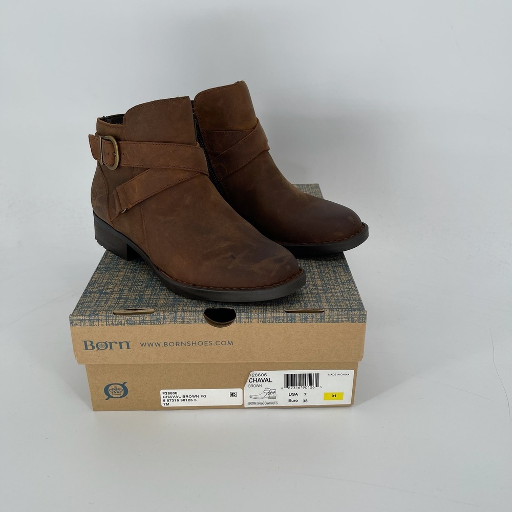 Born Women's Brown Leather Chaval Buckle Strap Moto Ankle Boots Shoes Size 7M